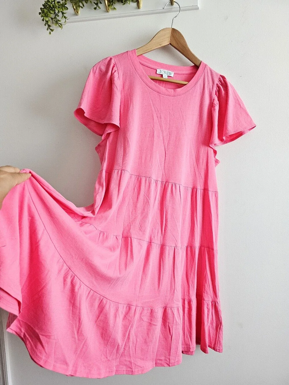 J.Crew Pink Tiered T-Shirt Dress Medium 100% Cotton Flutter Sleeve Babydoll
